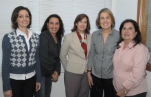 A coordenadora central de graduação, profa. Daniela Trejos Vargas, com a coordenadora de licenciaturas, profa. Maria Rita Passeri Salomão, e equipe: Isabela Achkar de Mendonça Pinto Farah, Adriana de Figueiredo Mendonça dos Santos e Olivia Balaguer Sequeira.