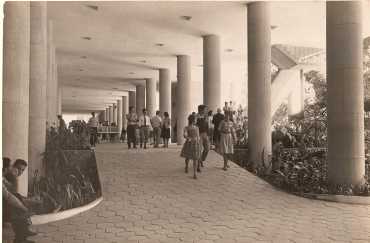 Alunos e professores nos pilotis do Edifício Cardeal Leme. c. 1960. Fotógrafo desconhecido. Acervo da Vice-Reitoria de Desenvolvimento.