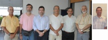 O Decano do Centro Técnico Científico, Prof. Luiz Alencar Reis da Silva Mello, e os coordenadores setoriais Prof. Marcelo de Andrade Dreux, Prof. Carlos Frederico Borges Palmeira, Prof. José Eugenio Leal, Prof. Luiz Fernando Campos Ramos Martha, Prof. Glaucio Lima Siqueira e, na foto em separado, o Prof. Sidney Paciornik. Fotógrafo Antônio Albuquerque. Acervo Núcleo de Memória.
