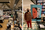 Fila de autógrafos e a profa. Margarida ao lado do banner com a capa do livro. Fotos: Eduardo Gonçalves.